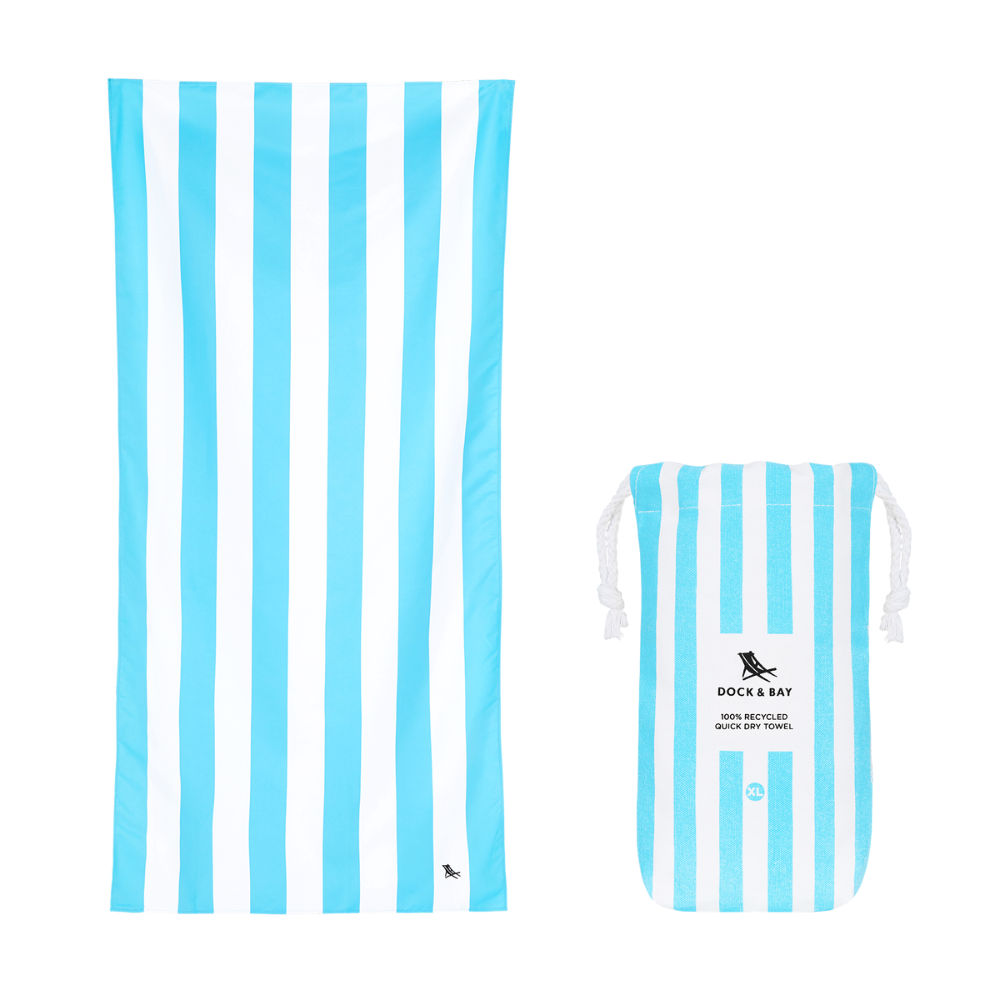 tulum, striped, light blue quick dry beach towel with compact, 100% recycle carrying bag