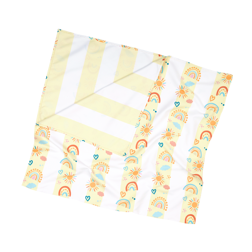 two-sided pastel, yellow striped rainbow pattern quick dry sand free kids beach towel