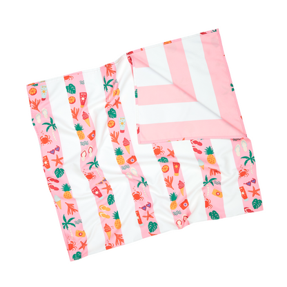 pink striped beach pattern, quick dry, sand free kids beach towel showing pink and white striped reverse side